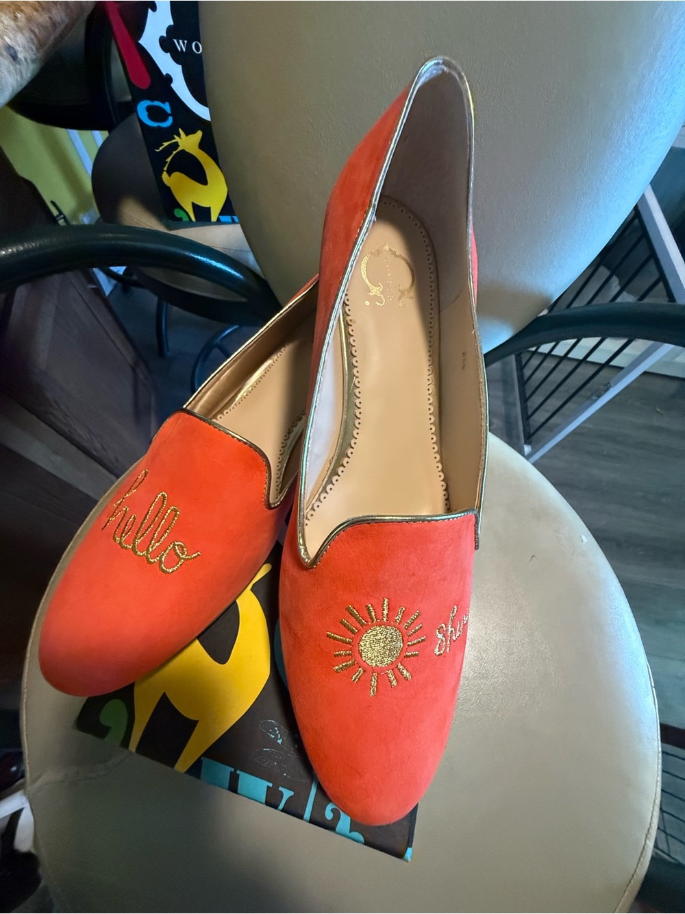 C. Wonder Orange Suede Loafers with Gold Embroidery